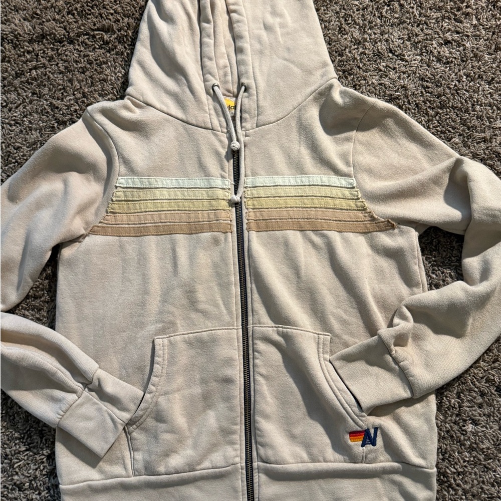 Aviator Nation 5 stripe Beige Zip-Up Hoodie
